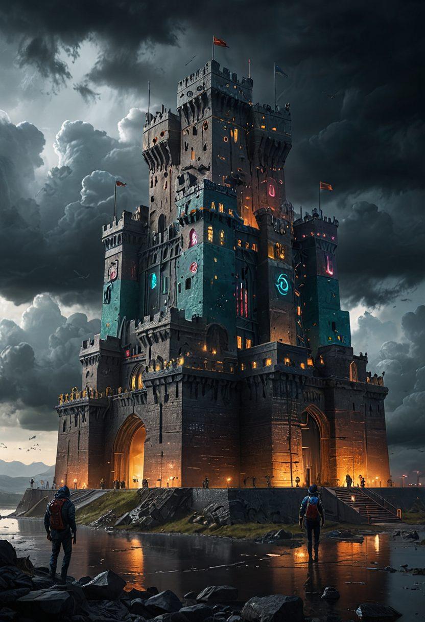 A digital fortress representing secure coding practices with coding symbols and locks integrated into the walls, surrounded by a stormy sky symbolizing cyber threats. In the foreground, a diverse team of developers is working together, symbolizing collaboration and resilience. Bright, engaging colors contrast against the dark sky to symbolize hope and security. super-realistic. vibrant colors. futuristic.