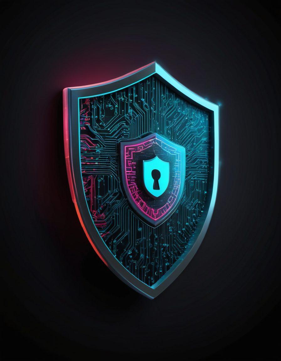 A visually appealing shield icon made of digital circuitry, symbolizing protection against web threats. Surround the shield with various symbols representing web vulnerabilities like broken chains, code snippets, and locks. Use a dark background with contrasting neon colors to emphasize the importance of security in web applications. Include subtle elements of binary code in the backdrop to enhance the tech theme. cyberpunk. vibrant colors. 3D.