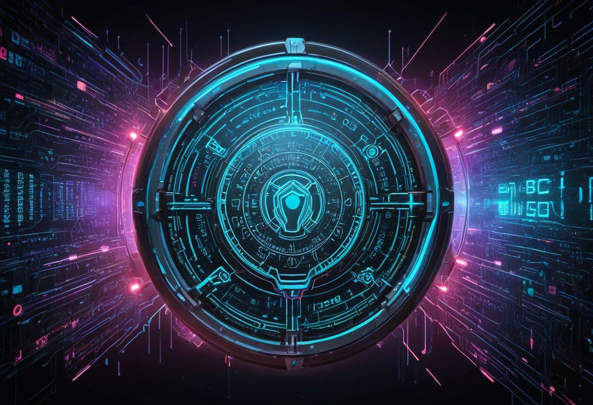 A digital lock symbolizing security and protection, surrounded by a web of interconnected applications and a shield representing defenses against XSS attacks. Include graphical elements like code snippets and warning signs to depict the nature of threats. The background should be a dark, binary code pattern to reflect the digital environment. Artistic elements should combine a mix of cyber and tech vibes, creating an atmosphere of vigilance and safety. vibrant colors. cyberpunk.